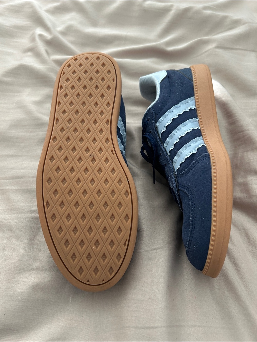 Women’s Navy Suede Low-Top Sneakers with Light Blue Stripes and Gum Sole - Picture 3 of 4